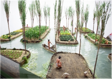 Chinampas were created by staking out the shallow lake bed and then fencing in the rectangle with wattle. The fenced-off area was then layered with mud, lake sediment, and decaying vegetation, eventually bringing it above the level of the lake. Often trees such as cypress were planted at the corners to secure the chinampa. In some places, the long raised beds had ditches in between them, giving plants continuous access to water and making crops grown there independent of rainfall. Chinampas were separated by channels wide enough for a canoe to pass. These raised, well-watered beds had very high crop yields with up to 7 harvests a year.