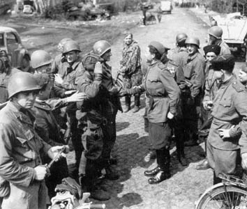 American and Soviet troops meet east of the Elbe River, April 1945